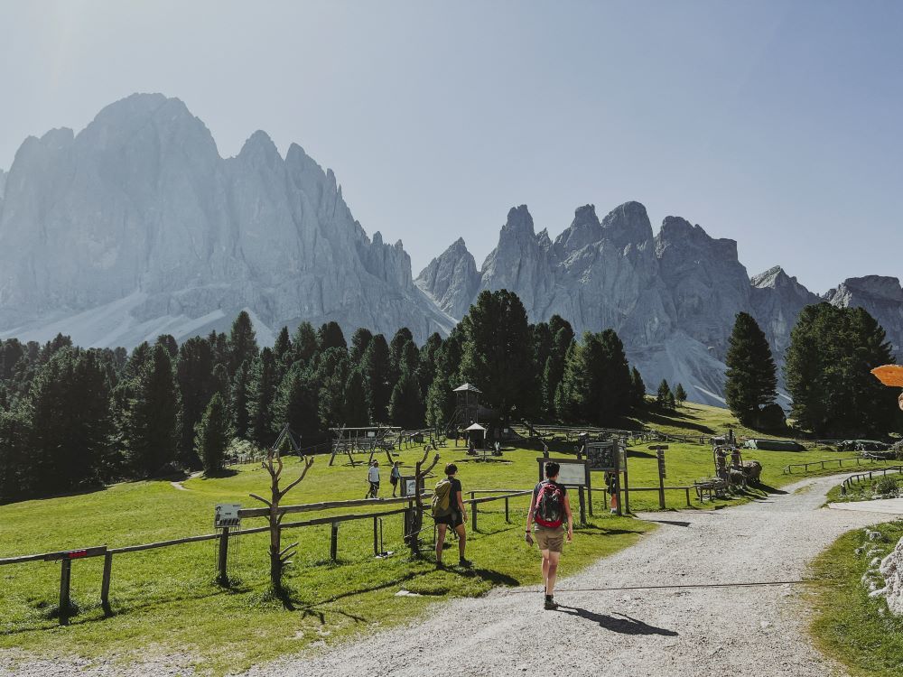 montañas de fondo con persona caminando de espaldas por camino de tierra y prados verdes y bosques de abetos alrededor Refugio de Odle